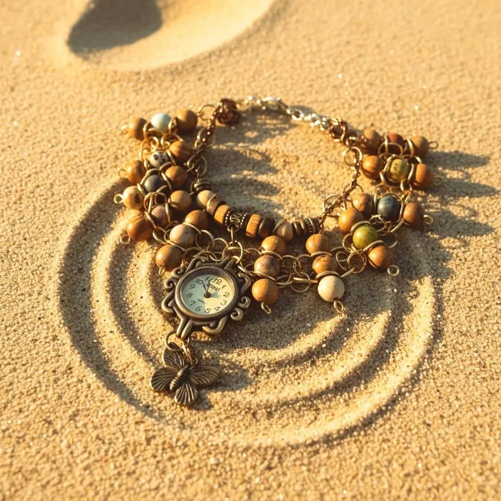 Handmade Boho Butterfly Watch Bracelet NEW Battery Wood & Stone Bead Cuff